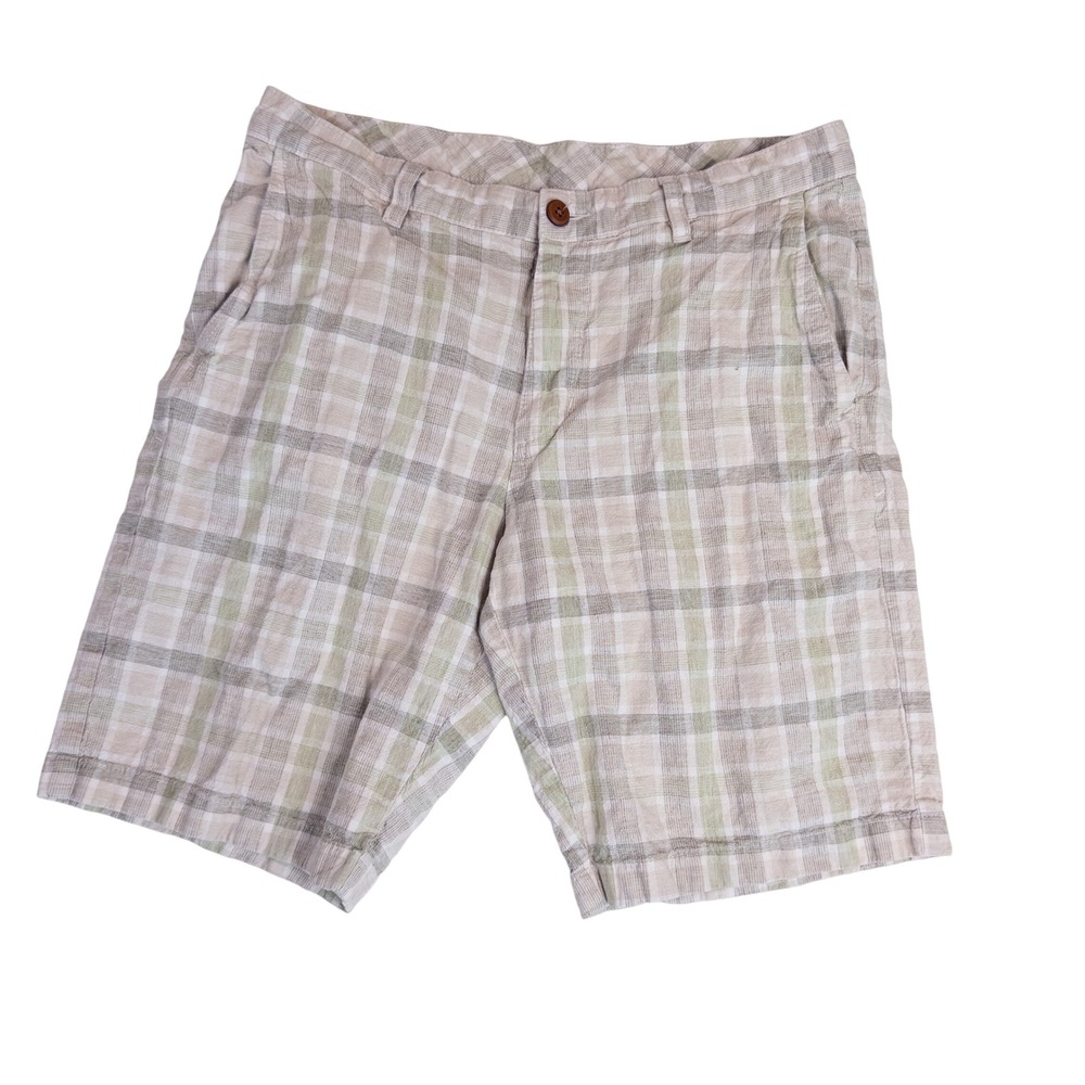 Tommy Bahama Plaid Shorts Men 33 Green Tan Excellent Linen Blend Island‎ Marlin